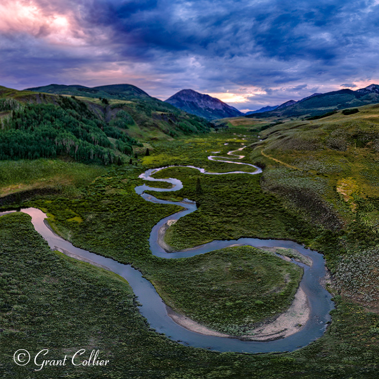 The many twists and curves of the Slate River near Crested Butte are seen from the air.