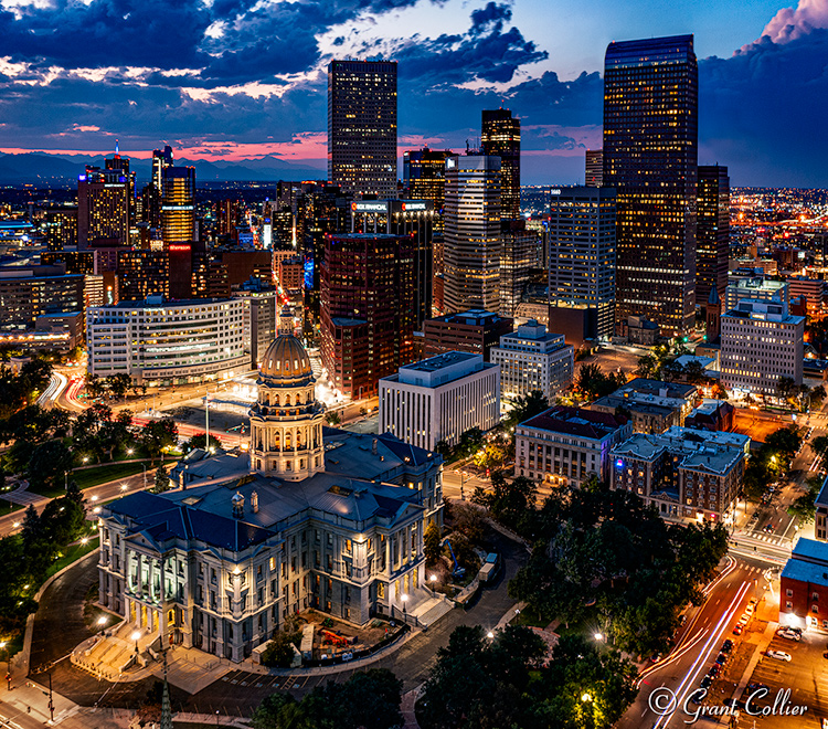 Aerial Photo of Colorado State Capitol Building at night.