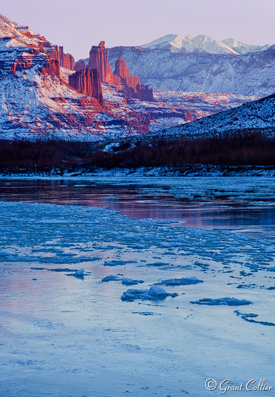 Colorado River, Fisher Towers, ice, reflection
