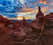 Aerial photo of Fisher Towers at sunset near Moab, Utah