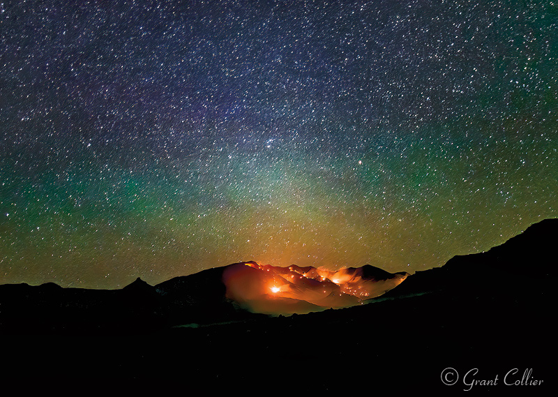 forest fire, night, La Sal Mountains, star trails