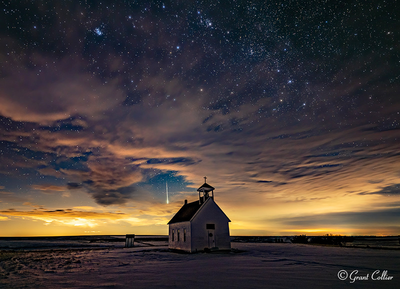Geminids meteor over Lindon, Colorado church