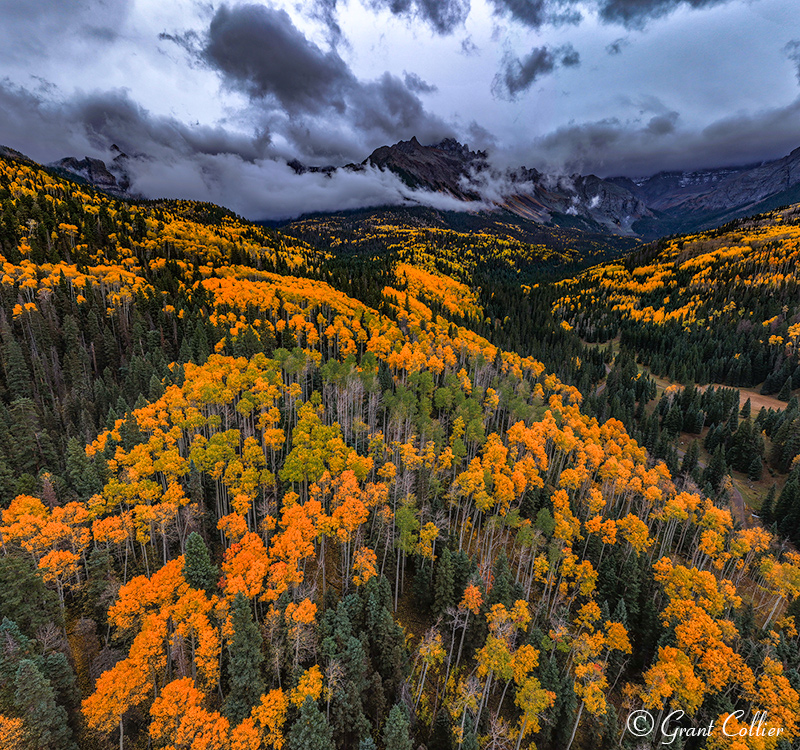 Mount Sneffels with autumn foliage from aerial view