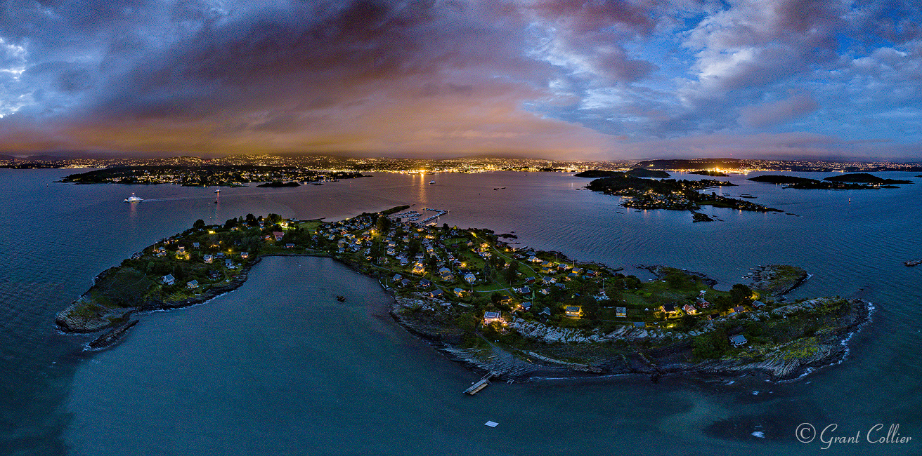 Aerial photo of islands off Oslo, Norway at night