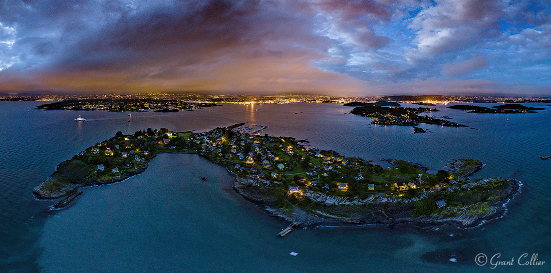 Aerial photo of islands off Oslo, Norway at night.