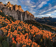 Aerial view of rock formations and aspen trees along Owl Creek Pass