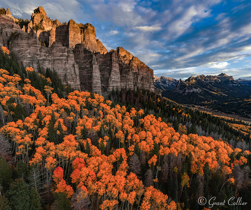 Aerial view of rock formations and aspen trees along Owl Creek Pass