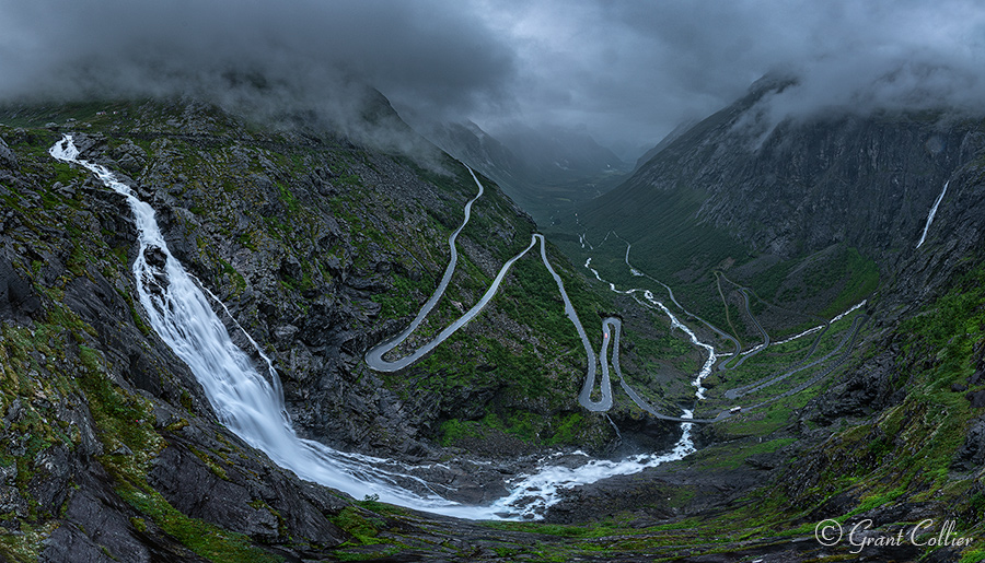 Trollstigen winding road and waterfall
