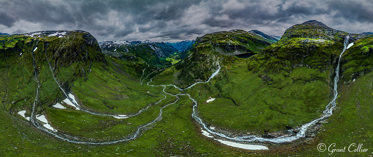 Waterfalls flowing down from Lake Heimstevatnet near Geiranger, Norway